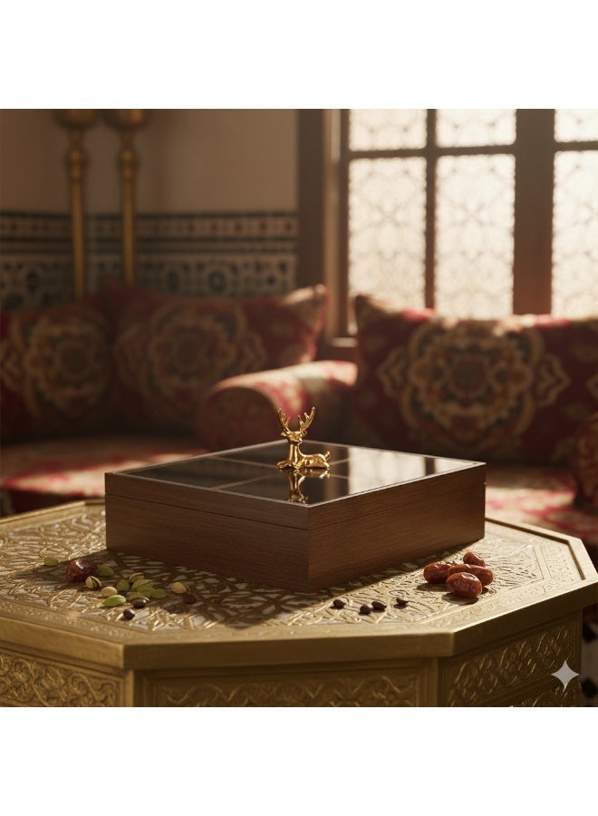 Solid Wood Dates Box with 4 Grids - Gold Deer Accent & Frosted Glass Cover, Ramadan Serving Storage for Dates/Candy,home decor - Image 2